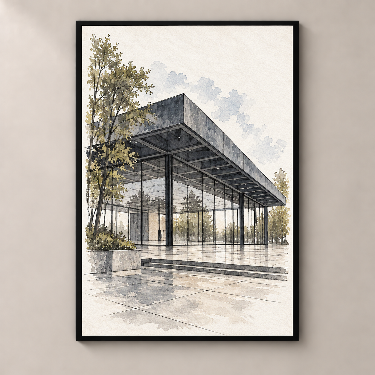 Glass Pavilion of the Neue Nationalgalerie – poster standalone mockup on beige wall