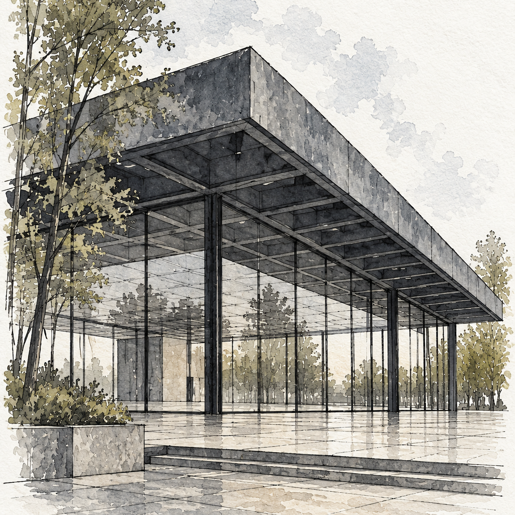 Glass Pavilion of the Neue Nationalgalerie, Berlin vertical ink and watercolour artwork