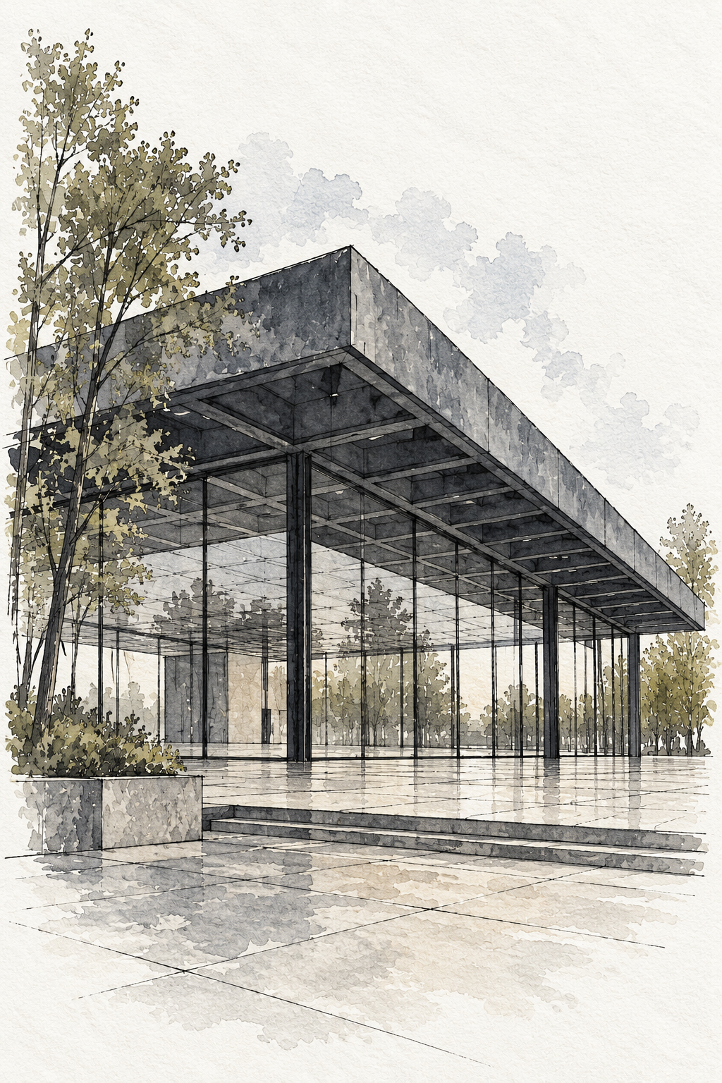 Glass Pavilion of the Neue Nationalgalerie, Berlin vertical ink and watercolour artwork