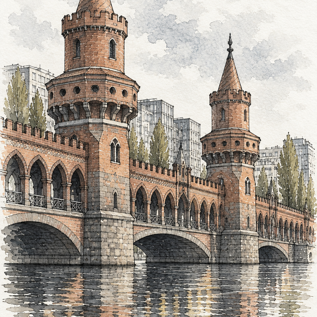 Oberbaum Bridge over the Spree, Berlin vertical ink and watercolour artwork