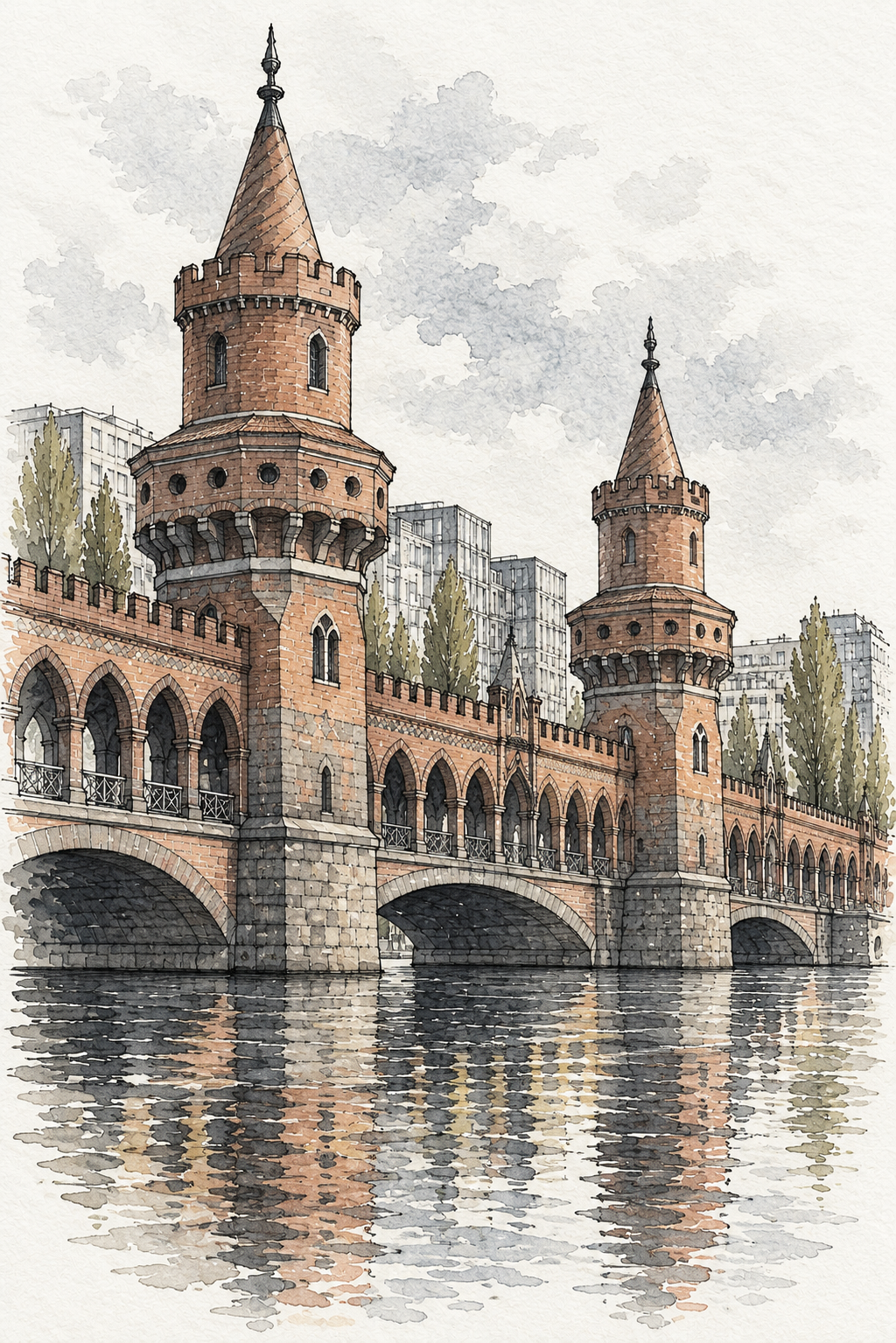 Oberbaum Bridge over the Spree, Berlin vertical ink and watercolour artwork