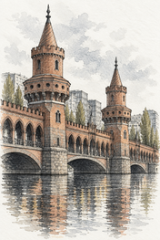 Oberbaum Bridge over the Spree, Berlin vertical ink and watercolour artwork