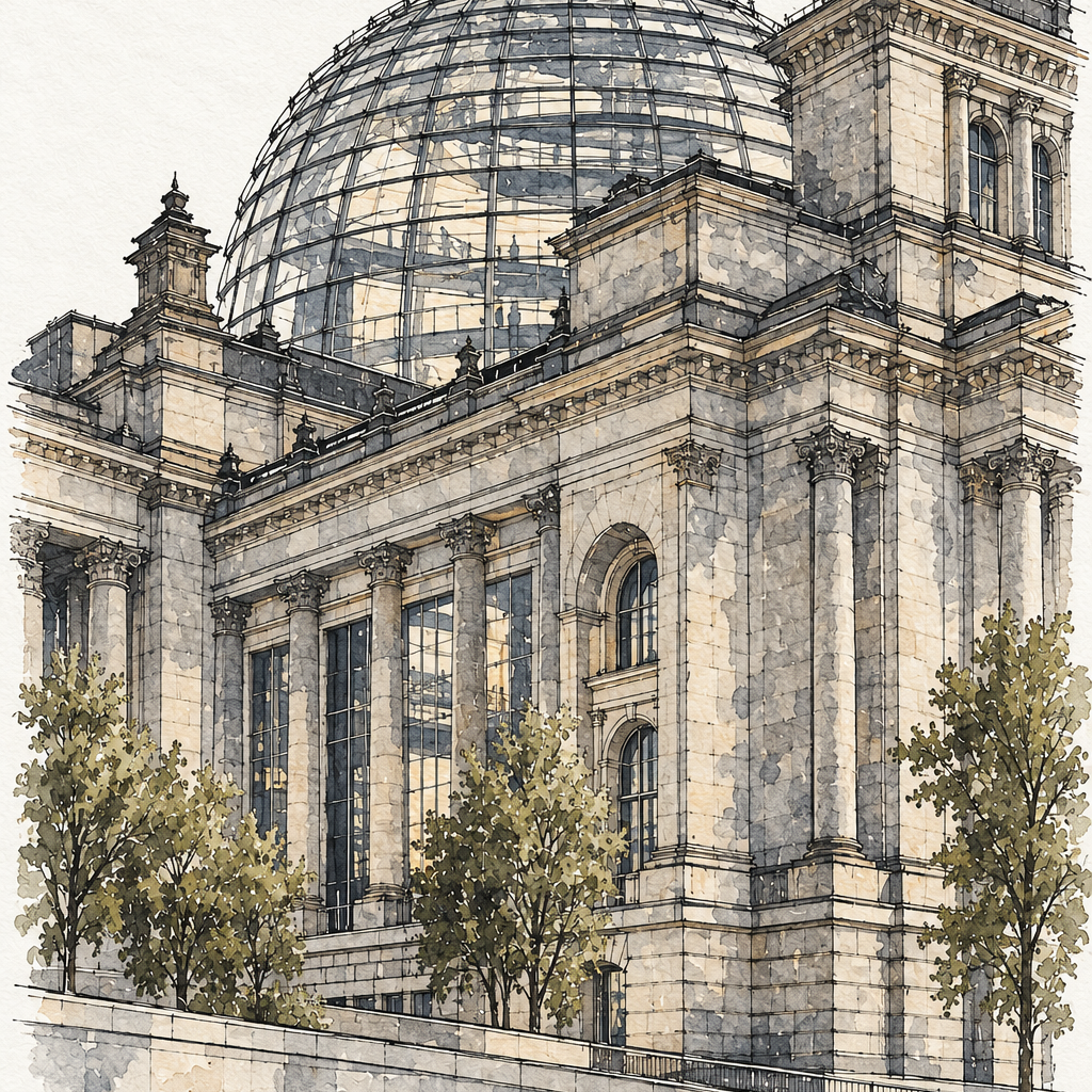 Reichstag beneath a Glass Dome, Berlin vertical ink and watercolour artwork