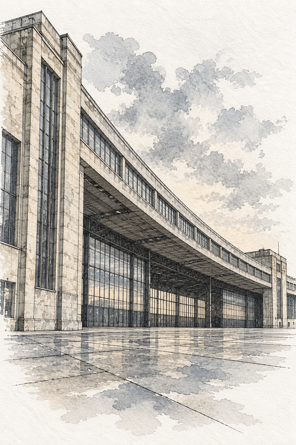 Tempelhof in Quiet Architectural Lines, Berlin vertical ink and watercolour artwork