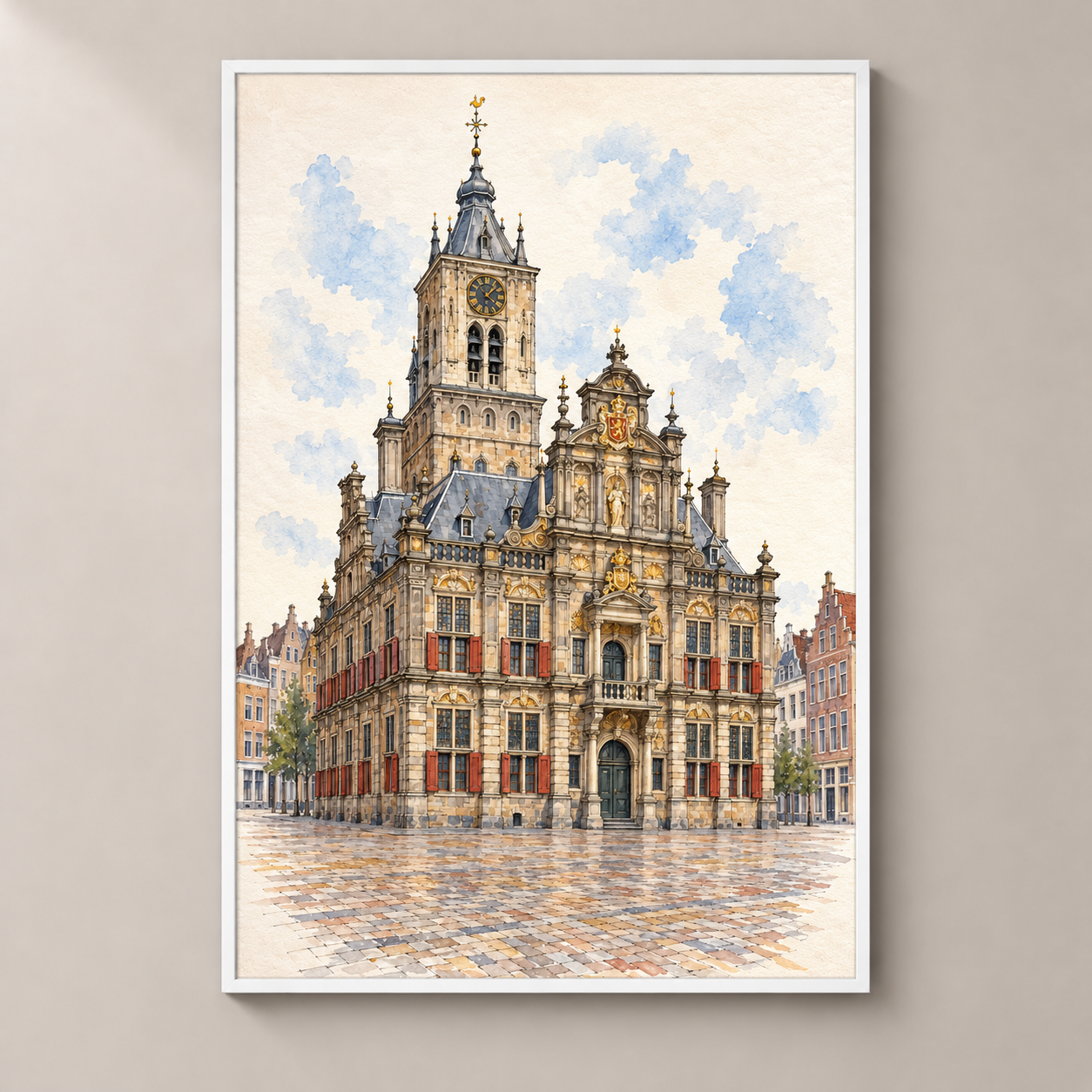 Delft City Hall at the Markt – poster standalone mockup on beige wall