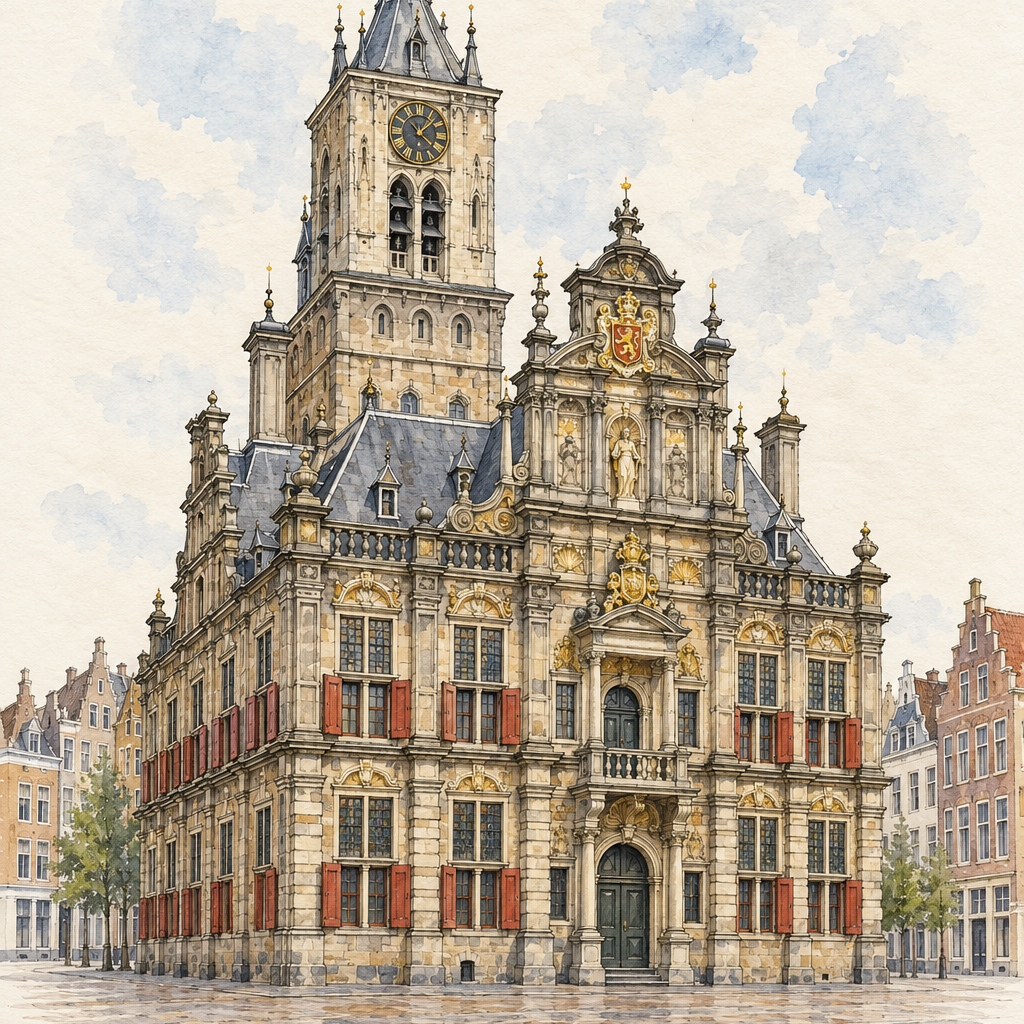 Delft City Hall at the Markt, Delft vertical ink and watercolour artwork