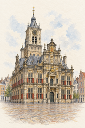 Delft City Hall at the Markt, Delft vertical ink and watercolour artwork