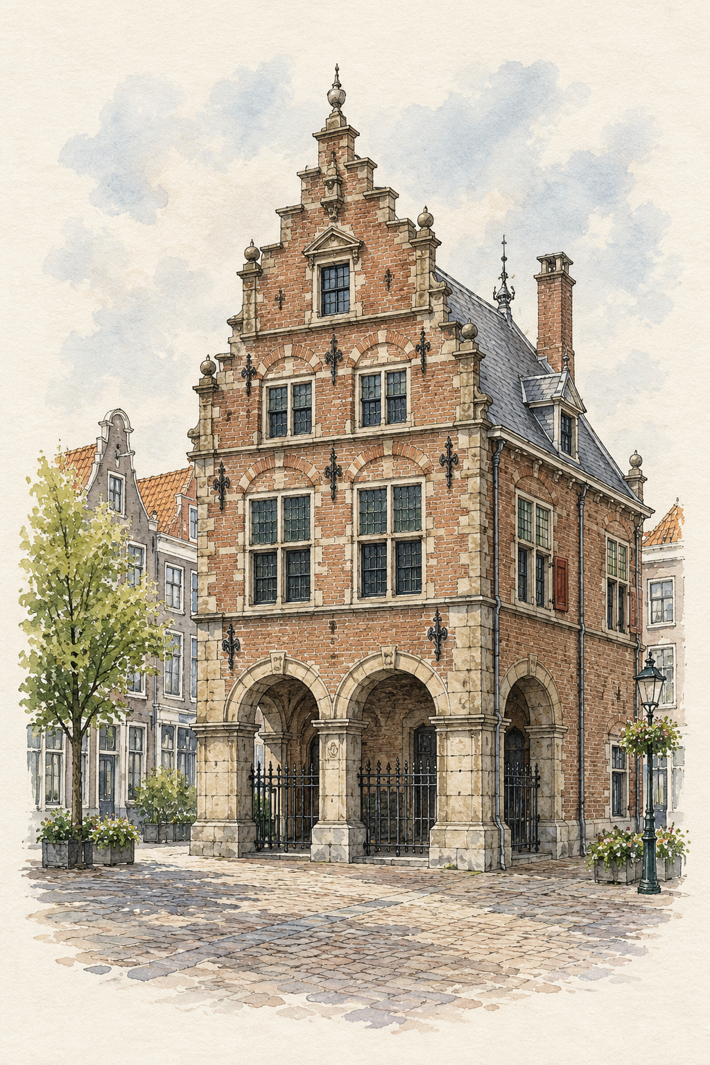 De Waag in Delft, Delft vertical ink and watercolour artwork