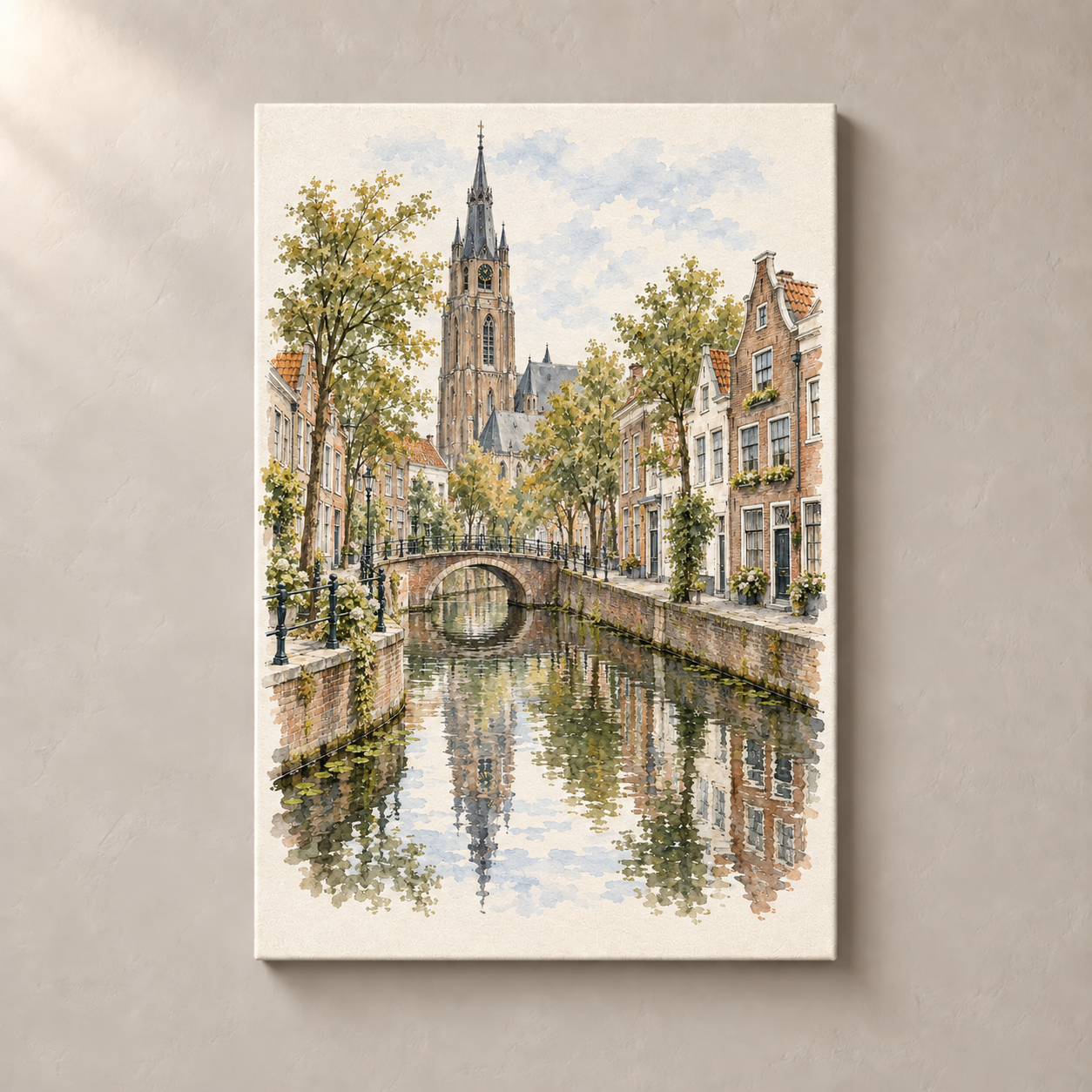 Historic Delft Canal in Watercolour – canvas standalone mockup on beige wall