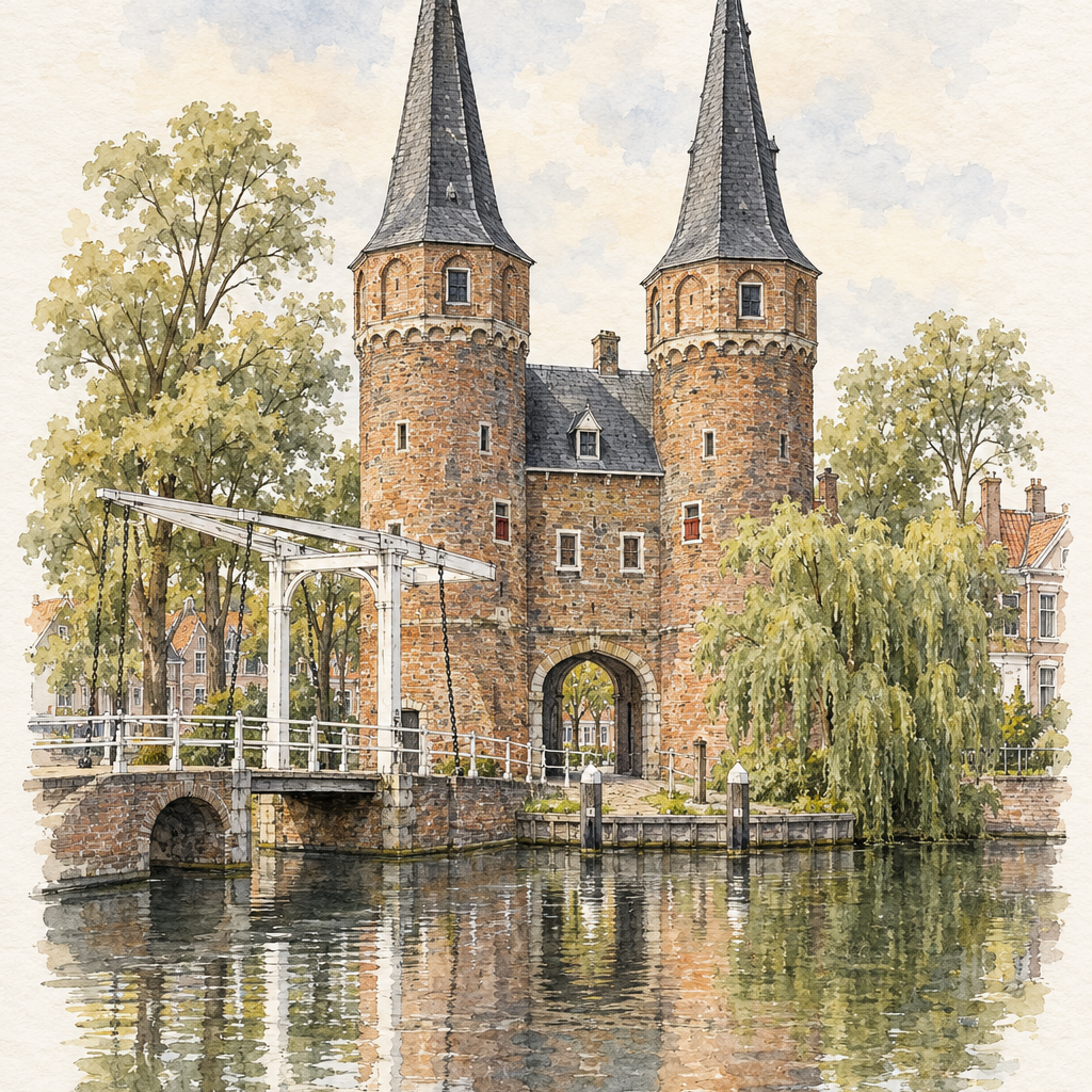 Delft Oostpoort by the Canal, Delft vertical ink and watercolour artwork