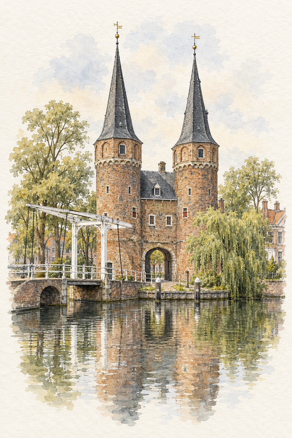 Delft Oostpoort by the Canal, Delft vertical ink and watercolour artwork