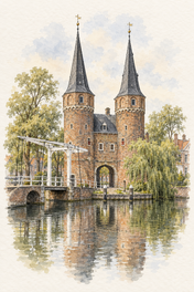 Delft Oostpoort by the Canal, Delft vertical ink and watercolour artwork