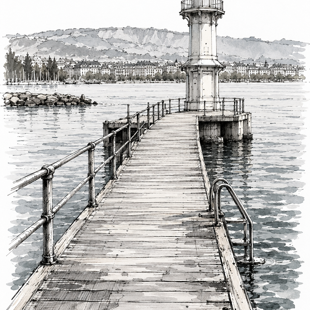 Bains des Pâquis with Lighthouse, Geneva vertical ink artwork