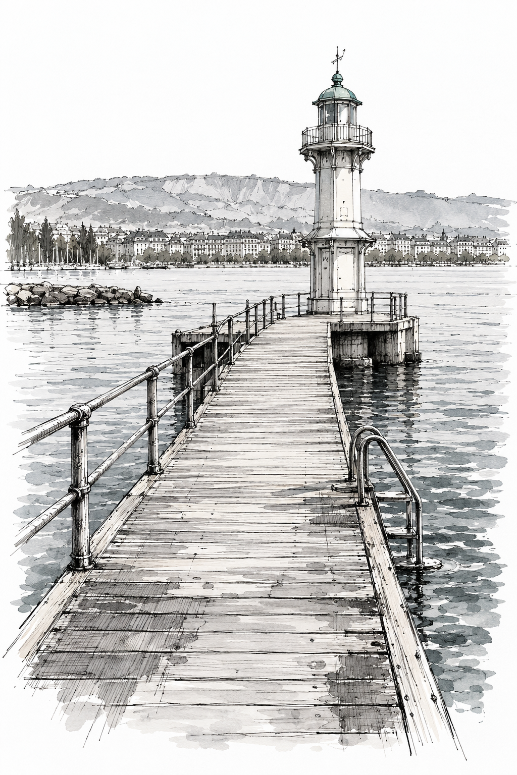 Bains des Pâquis with Lighthouse, Geneva vertical ink artwork