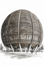 CERN Globe in Loose Ink Lines, Geneva vertical ink artwork