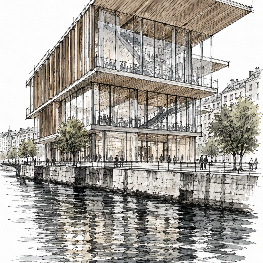 Cité du Temps by the Rhône, Geneva vertical ink artwork