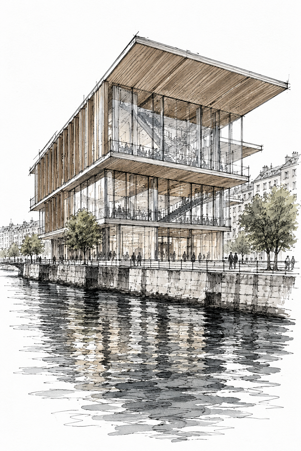 Cité du Temps by the Rhône, Geneva vertical ink artwork