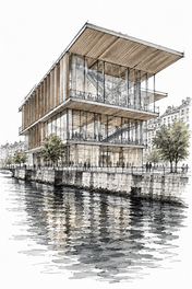 Cité du Temps by the Rhône, Geneva vertical ink artwork