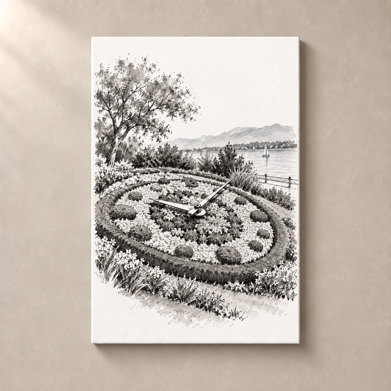 Geneva flower-clock canvas standalone mockup on beige wall