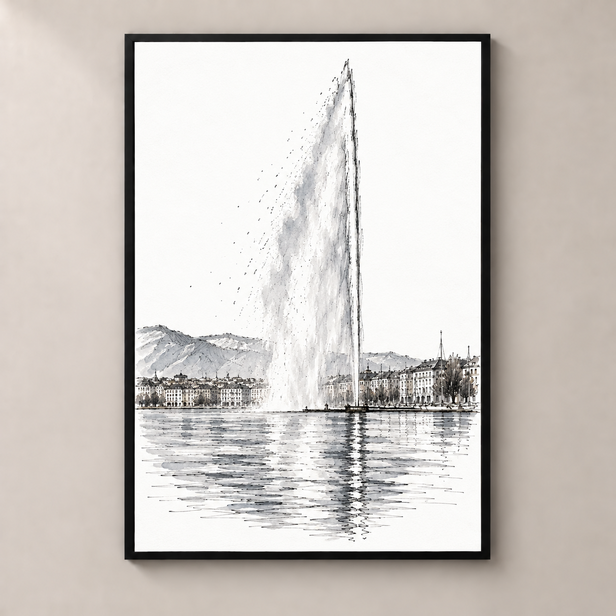 Jet d’Eau above Lake Geneva – poster in black frame on beige wall
