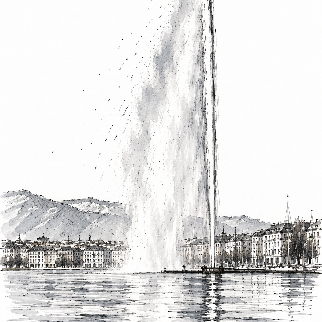 Jet d'Eau above Lake Geneva, Geneva vertical ink artwork