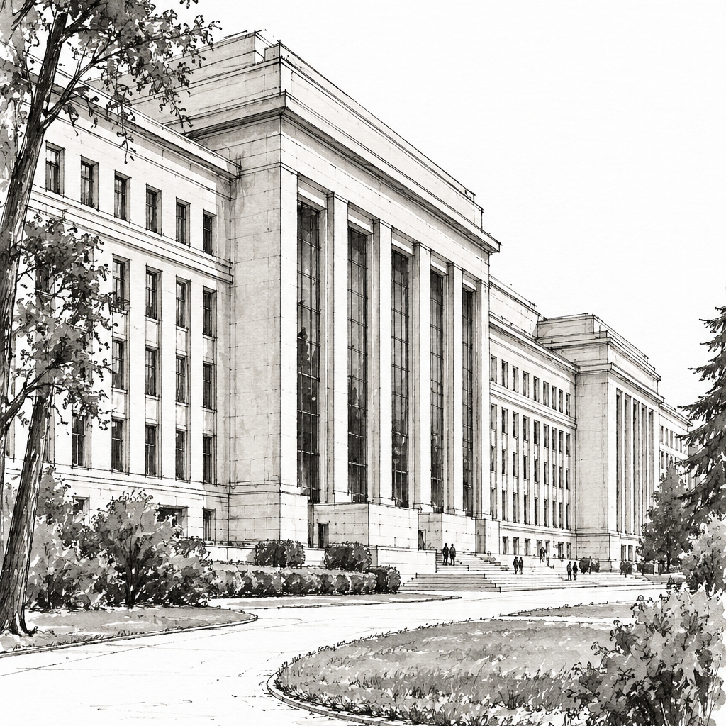 Palais des Nations from the Garden, Geneva vertical ink artwork
