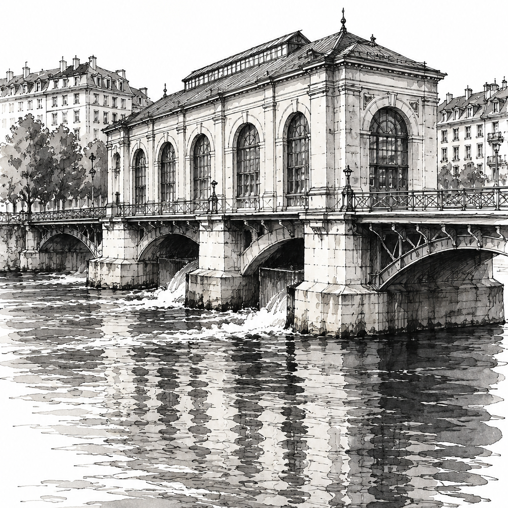 Pont de la Machine over the Rhône, Geneva vertical ink artwork