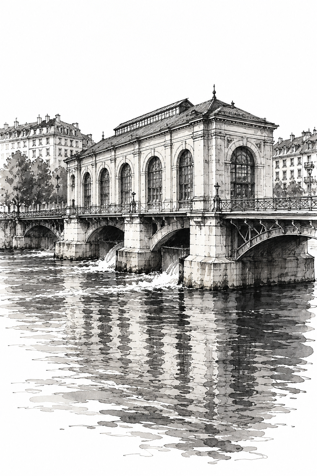 Pont de la Machine over the Rhône, Geneva vertical ink artwork