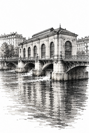 Pont de la Machine over the Rhône, Geneva vertical ink artwork
