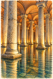 Ancient Columns in the Basilica Cistern, Istanbul vertical ink and watercolour artwork