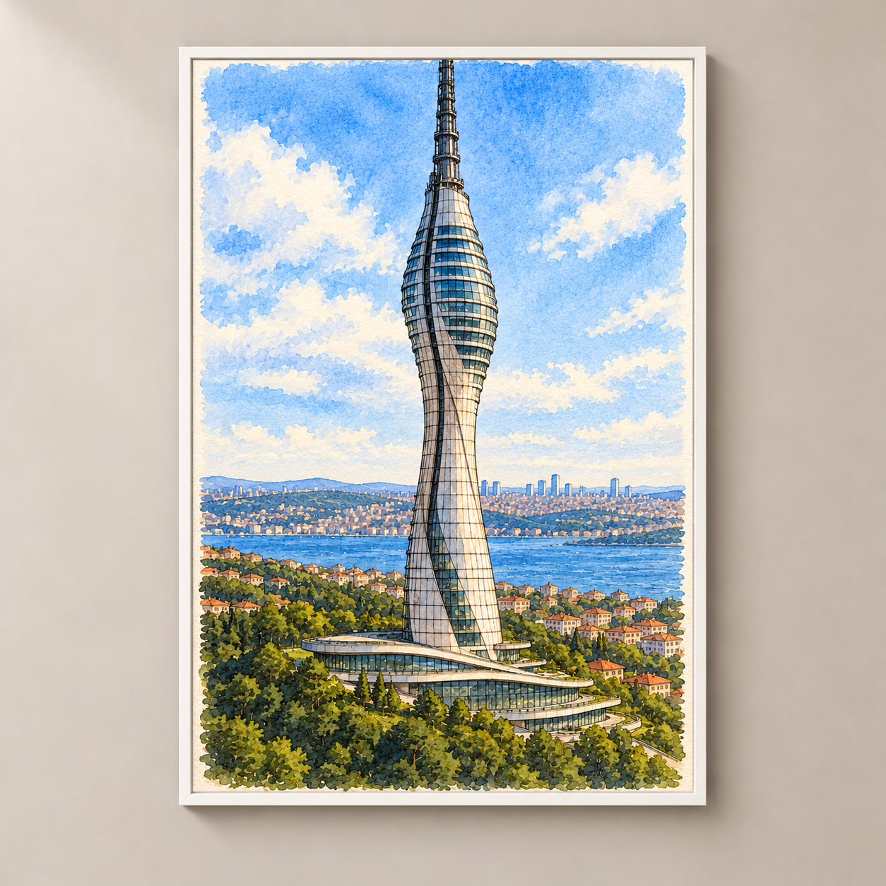 Çamlıca Tower above Istanbul Hills – poster standalone mockup on beige wall
