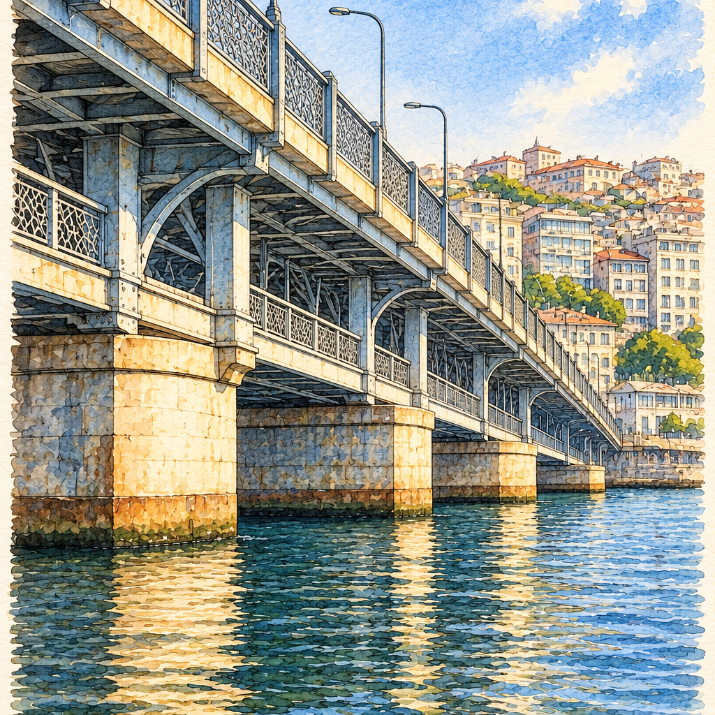 Galata Bridge over the Golden Horn, Istanbul vertical ink and watercolour artwork