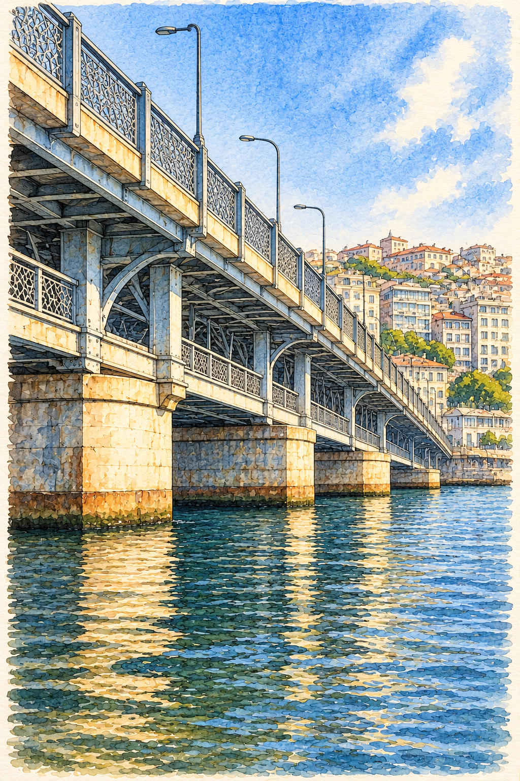 Galata Bridge over the Golden Horn, Istanbul vertical ink and watercolour artwork