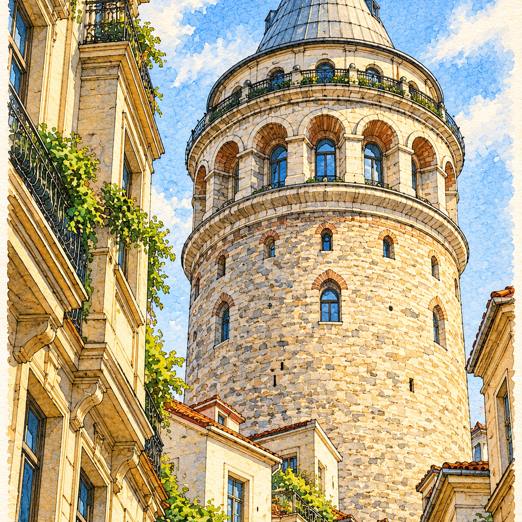 Galata Tower among Stone Rooftops, Istanbul vertical ink and watercolour artwork