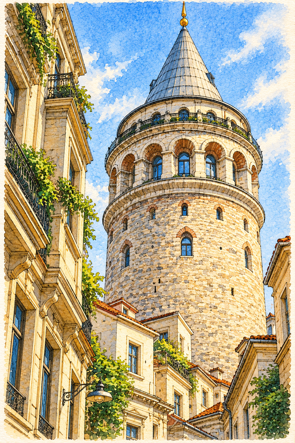 Galata Tower among Stone Rooftops, Istanbul vertical ink and watercolour artwork