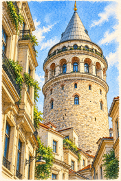 Galata Tower among Stone Rooftops, Istanbul vertical ink and watercolour artwork