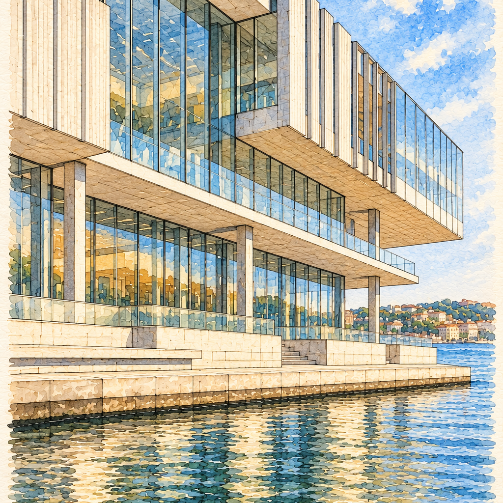 Istanbul Modern on the Bosphorus, Istanbul vertical ink and watercolour artwork