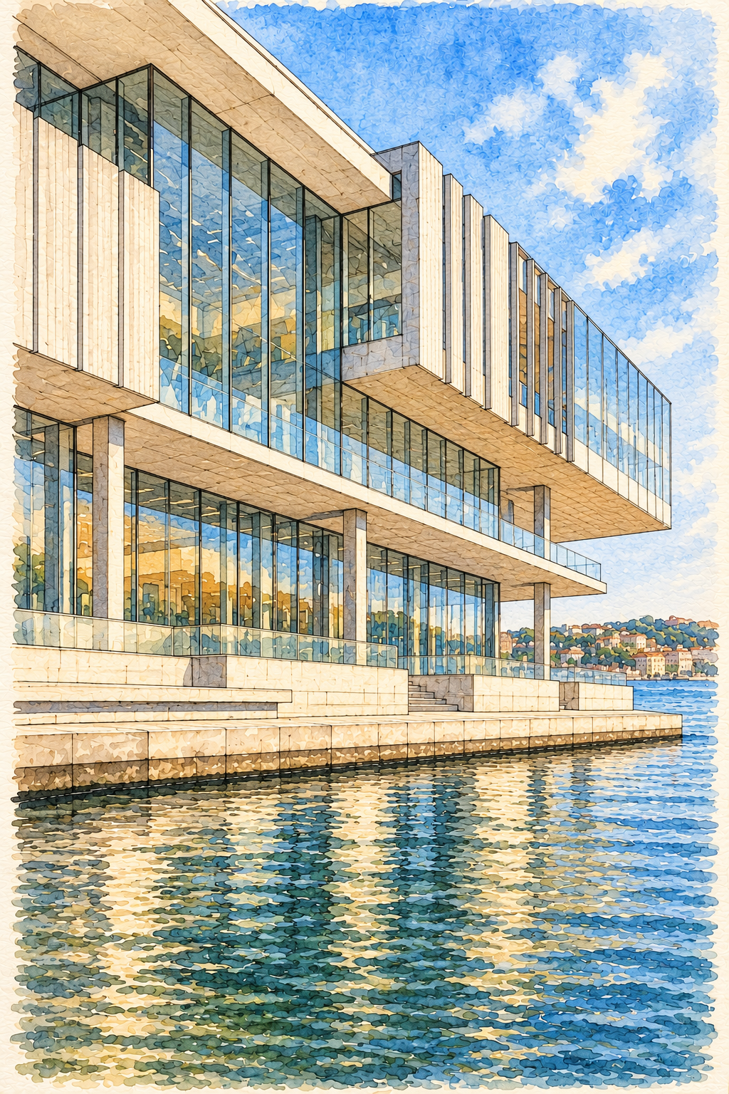 Istanbul Modern on the Bosphorus, Istanbul vertical ink and watercolour artwork