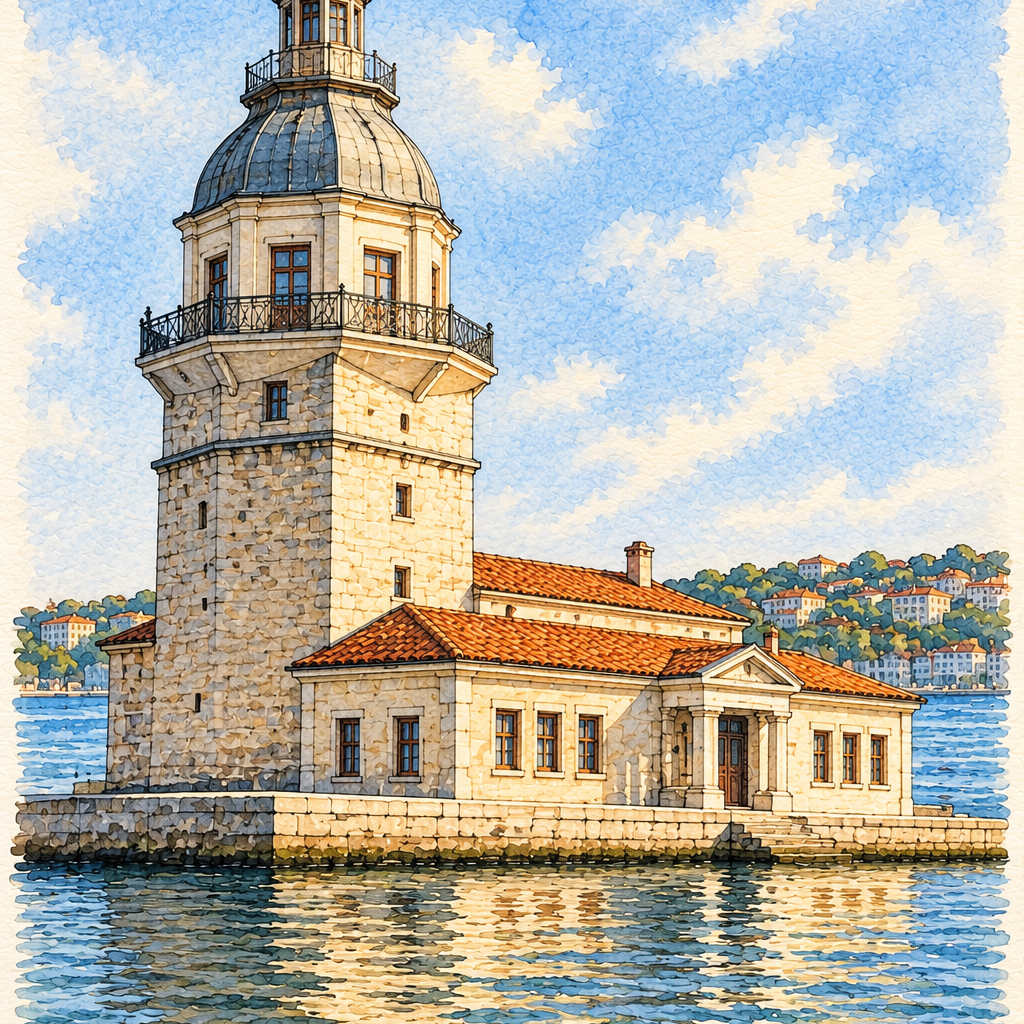 Maiden's Tower on the Bosphorus, Istanbul vertical ink and watercolour artwork