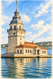 Maiden's Tower on the Bosphorus, Istanbul vertical ink and watercolour artwork