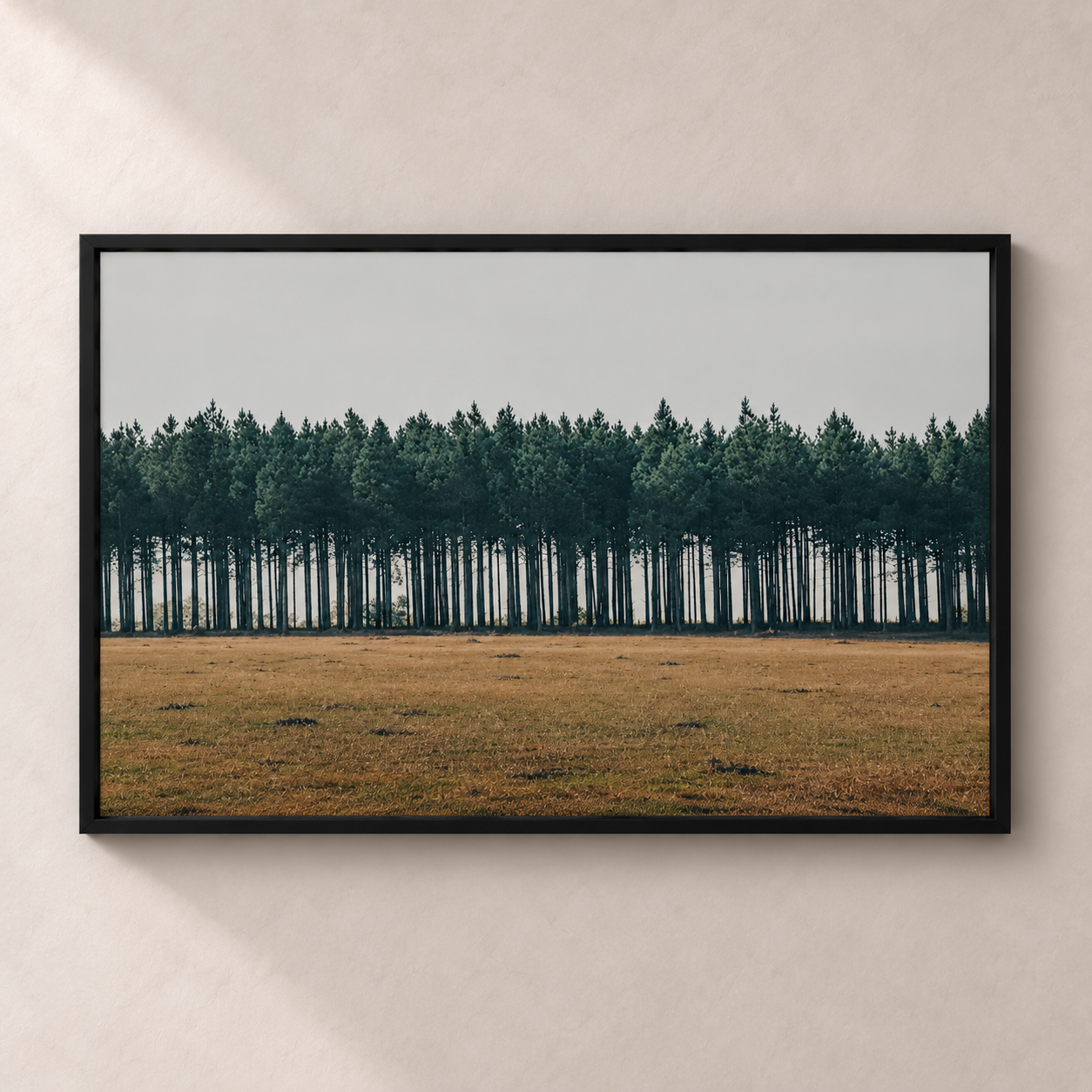 Line of Pines horizontal poster in a black frame, front view on a warm neutral wall