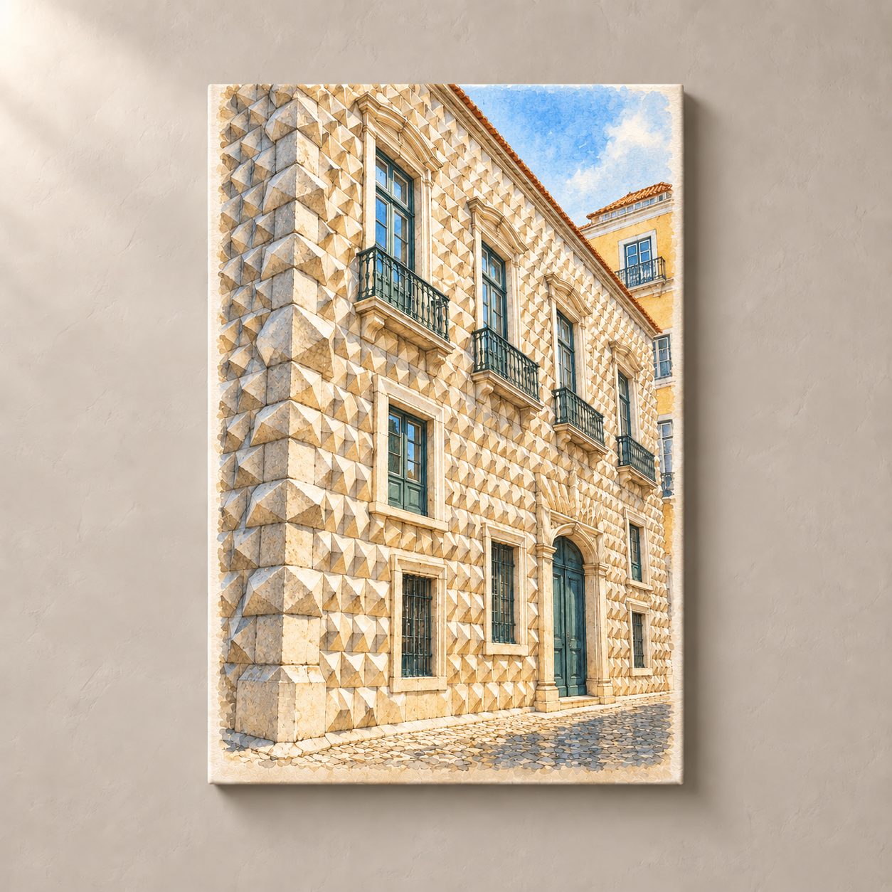 Casa dos Bicos in Watercolour – canvas standalone mockup on beige wall