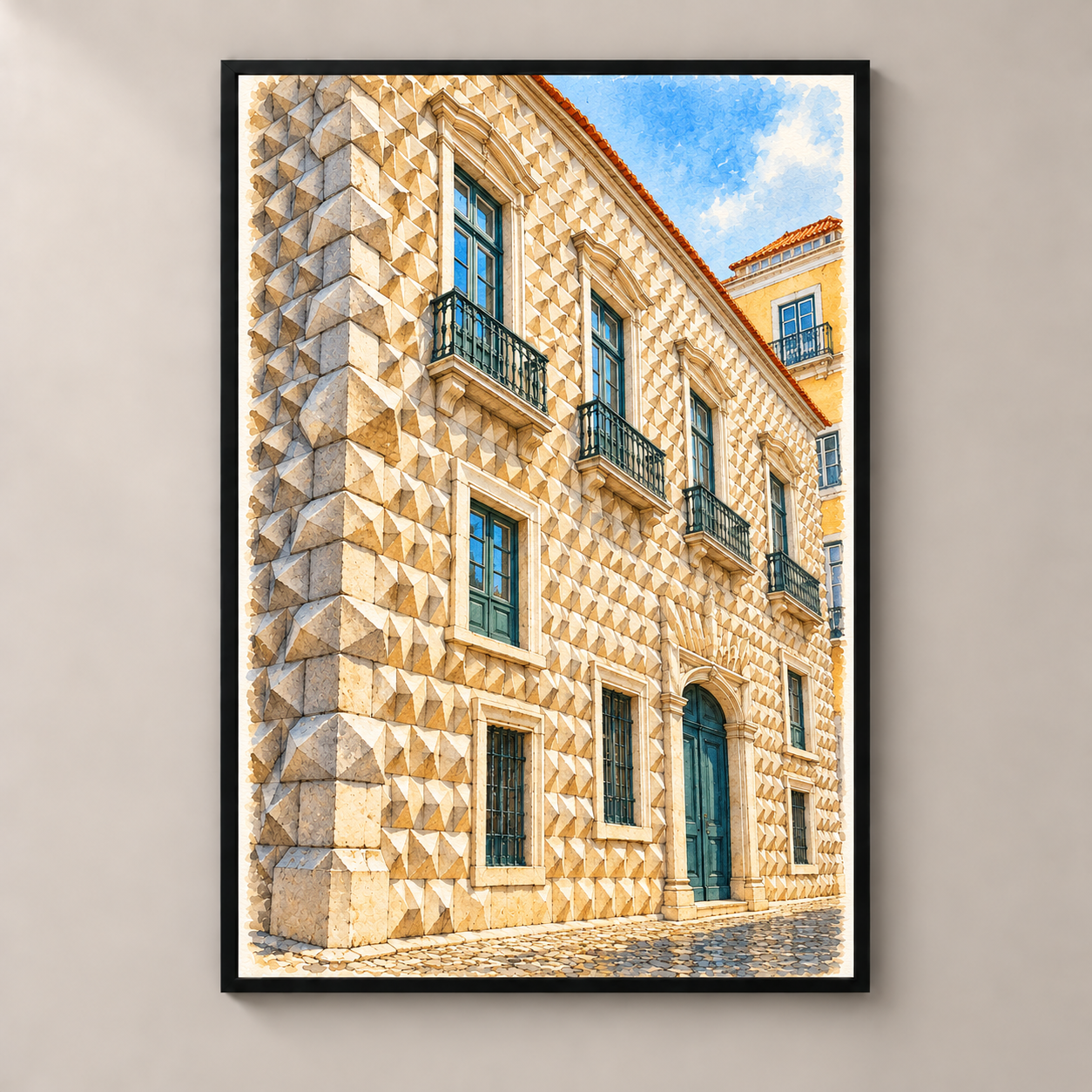 Casa dos Bicos in Watercolour – poster standalone mockup on beige wall
