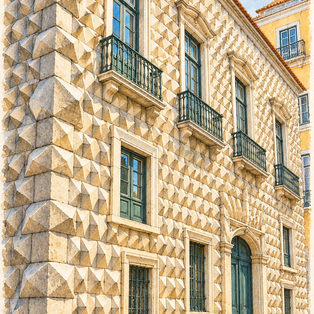 Casa dos Bicos in Watercolour, Lisbon vertical ink and watercolour artwork