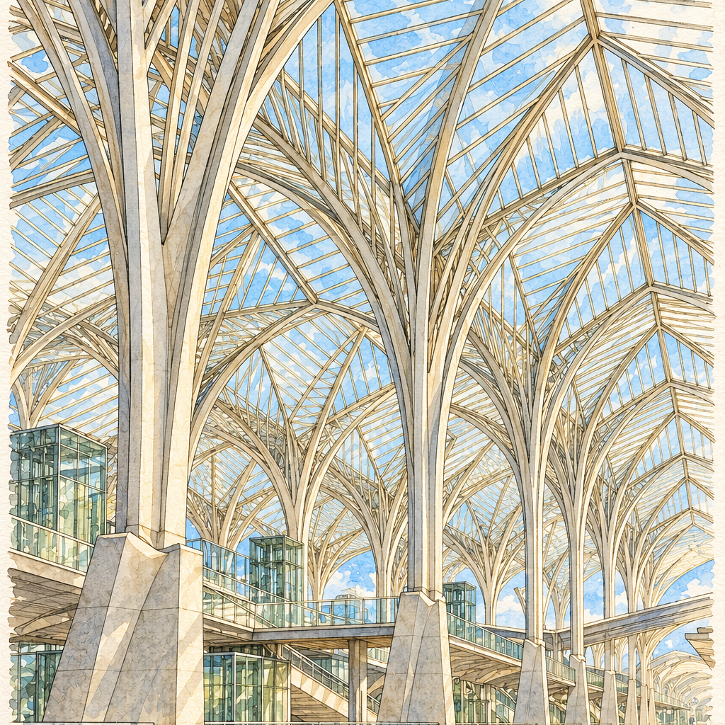 Glass Arches of Gare do Oriente, Lisbon vertical ink and watercolour artwork