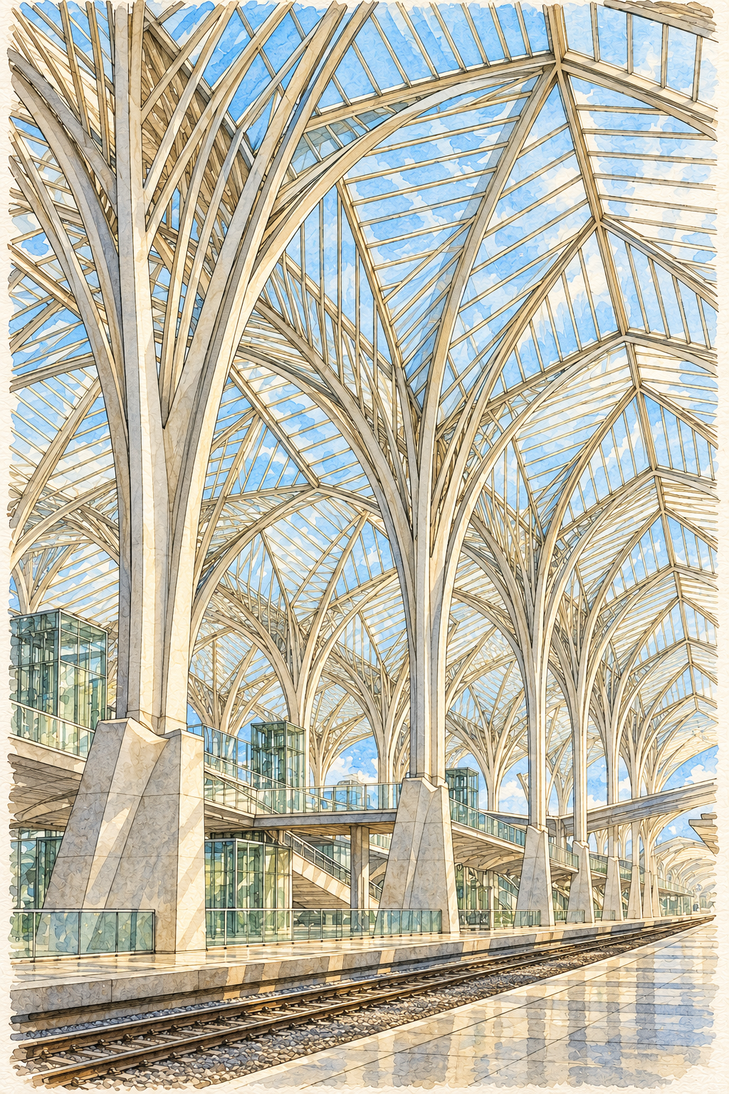 Glass Arches of Gare do Oriente, Lisbon vertical ink and watercolour artwork