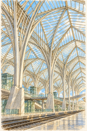 Glass Arches of Gare do Oriente, Lisbon vertical ink and watercolour artwork