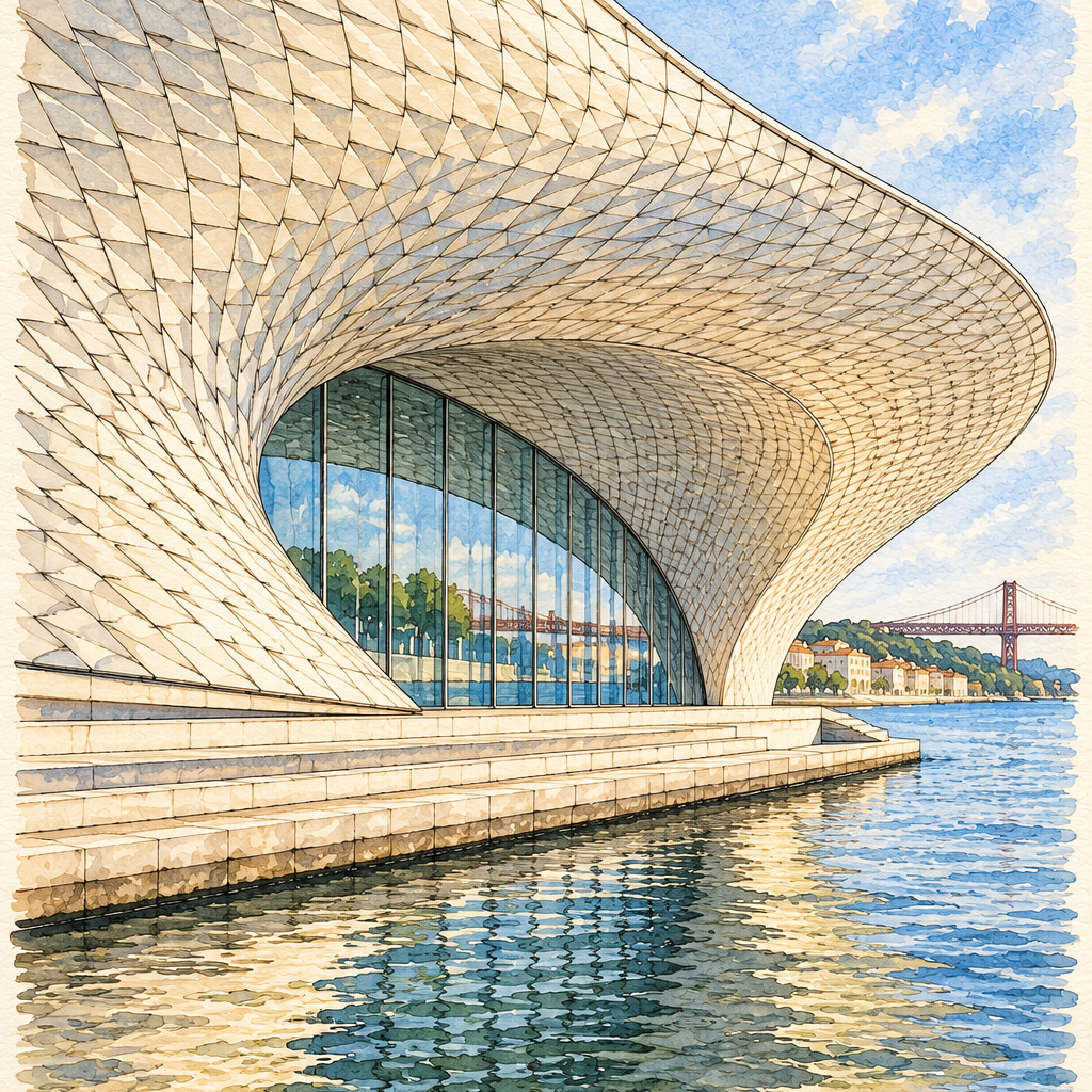 MAAT by the Tagus, Lisbon vertical ink and watercolour artwork