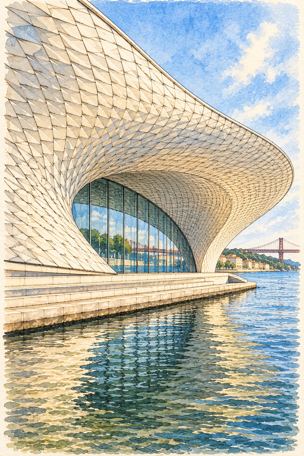MAAT by the Tagus, Lisbon vertical ink and watercolour artwork