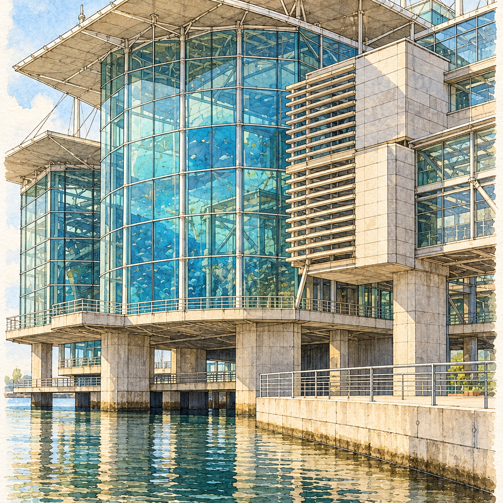 Lisbon Oceanarium by Still Water, Lisbon vertical ink and watercolour artwork
